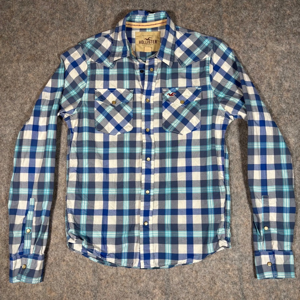 Hollister Mens Blue White Plaid Pearl Snap Western Shirt Long Sleeve Size M